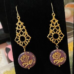 Elegant Gold and Purple Floral Earrings